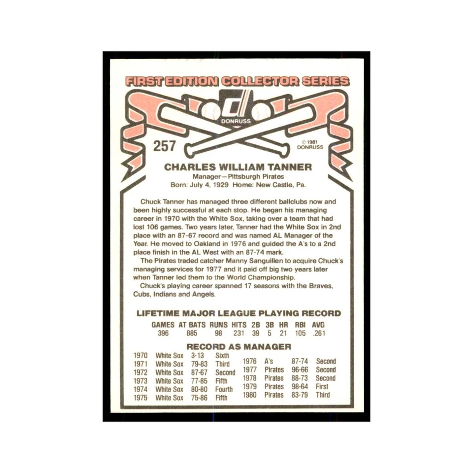 1981 Donruss Chuck Tanner Baseball Cards #257 - Image 2 of 3