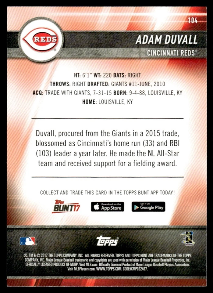 2017 Topps Bunt Blue Adam Duvall Cincinnati Reds #104 - Image 2 of 2