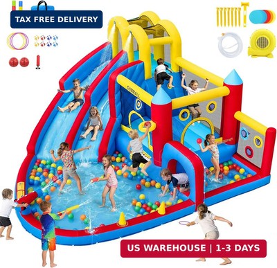 Inflatable Bounce House Double Water Slide with 620 W Blower, Blow up 12-in-1 Wa