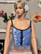Vtg Romantic Satin Blue Sheer Polka Dot Corset Bustier – Size M-L