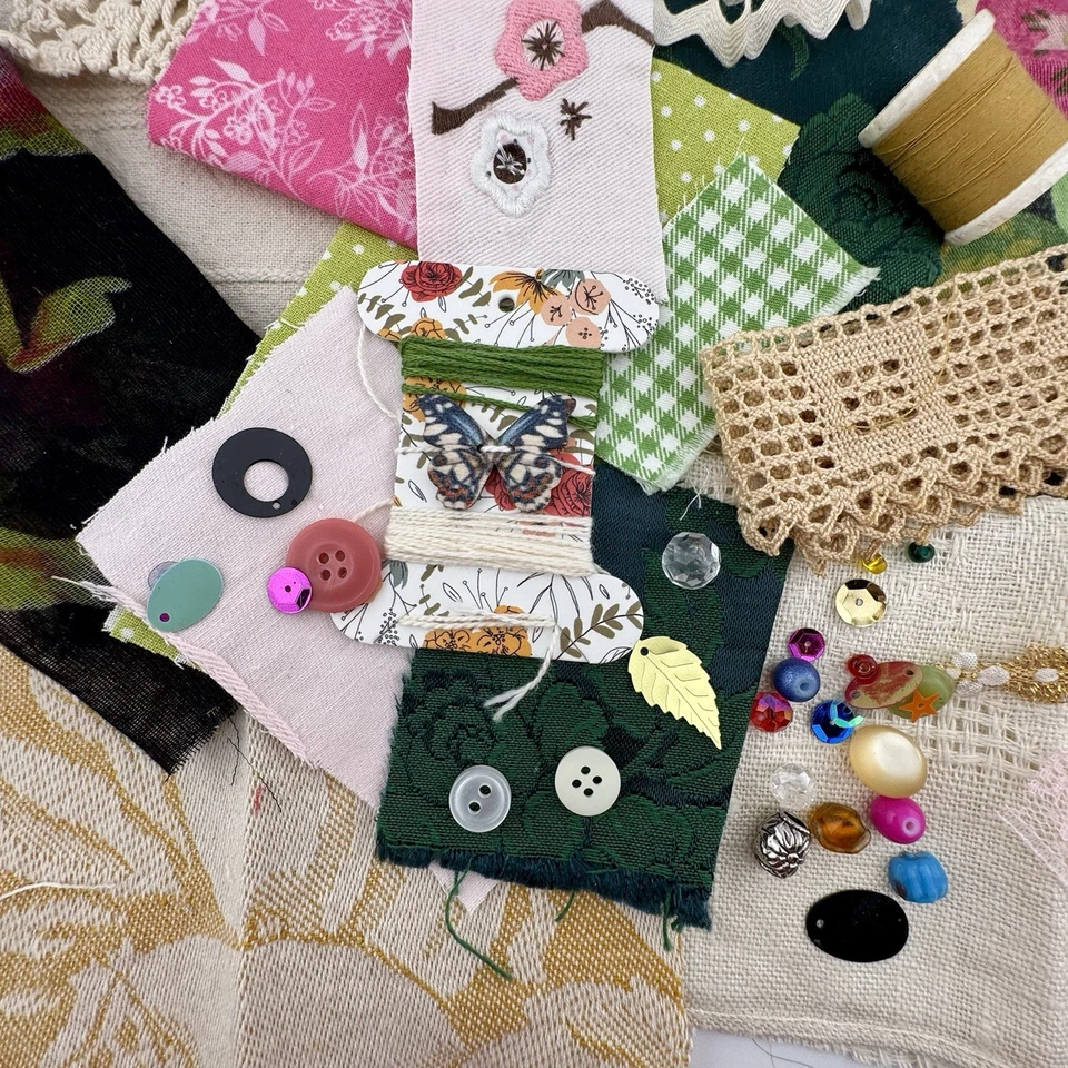 Slow Stitch Pink Green Yellow Kit Embroidery Vintage Trim Lace Floss Scrap Craft - Image 3 of 4