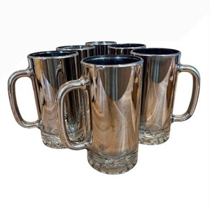 Vintage Silver Metallic Mirror Finish Glass Beer Mugs Set of 6 Handled Steins