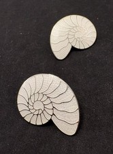 Vtg 80s White Silver Enamel Nautilus Shell Pierced Earrings Large 1.5  Nautical