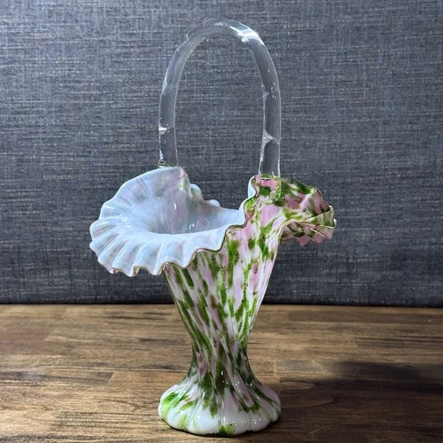 Vintage FENTON Vasa Murrhina Glass Basket  11” tall Green Glitter Pink & White