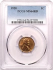1920 Lincoln Wheat Cent 1C, PCGS MS64RD Red, Choice Uncirculated BU
