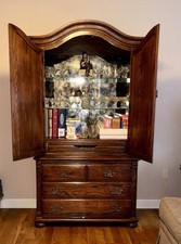 Ethan Allen Charter Oak Bar Cabinet Mirrored Lighted Hutch w/ Drop-Front