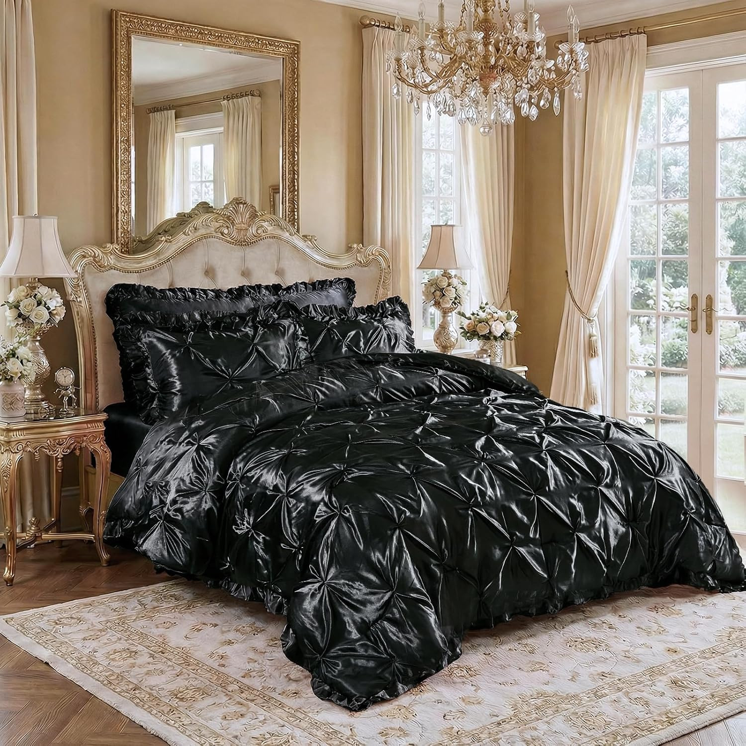 Luxury Black Satin Comforter Set with Ruffled Pillow Cover - Queen Size