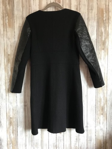 HACHE Black Wool / Leather Sleeves Faux Fur Collar Front Coat 38 S Italy RARE - Picture 3 of 12