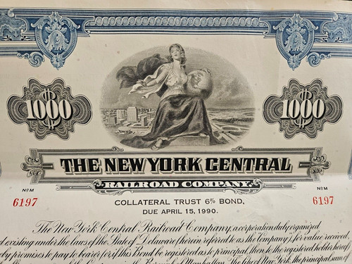 Vintage 1965 $1000 New York Central Railroad Co. 6% Bond Certificate - Blue NYC