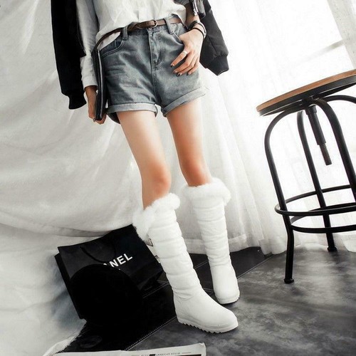 Da Donna Pelliccia Invernale Stivali Al Polpaccio Da Neve Pull On con Zeppa  tacco interno in Pelliccia Caldi Scarpe | eBay