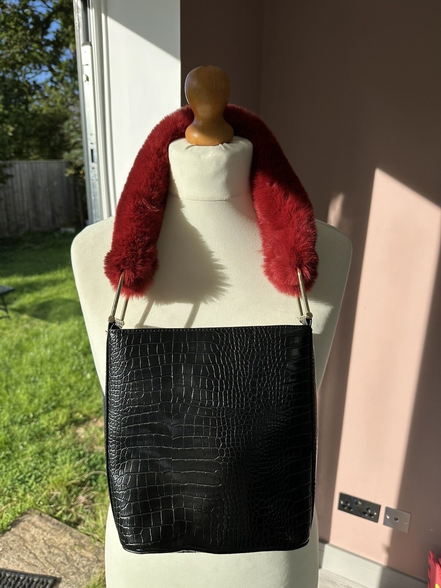 Topshop Black Mock Croc Red Faux Shoulder Handbag Bag UK