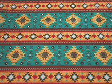 Southwest Fabric 1 1/8 Yard Aqua Tan Dk Red Black Tribal Design Premium Cotton