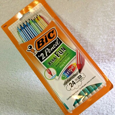 Bic #2 Striped Pencil Xtra Fun Non-Toxic Easy Erase Break Resistant Lead 24 Pack