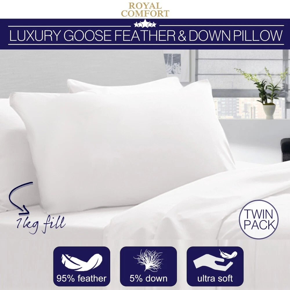 Royal Comfort Luxury Goose Down Feather Pillows 1000GSM 100
