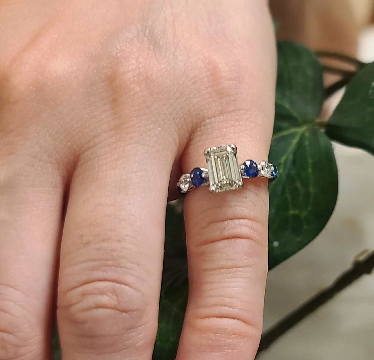 Platinum Engagement Ring Lab Grown Diamond Sapphire 1.61ct