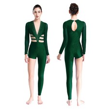 Womens Jumpsuit Ballet Dancewear Stage Gymnastics Unique Bodysuit Rhinestones