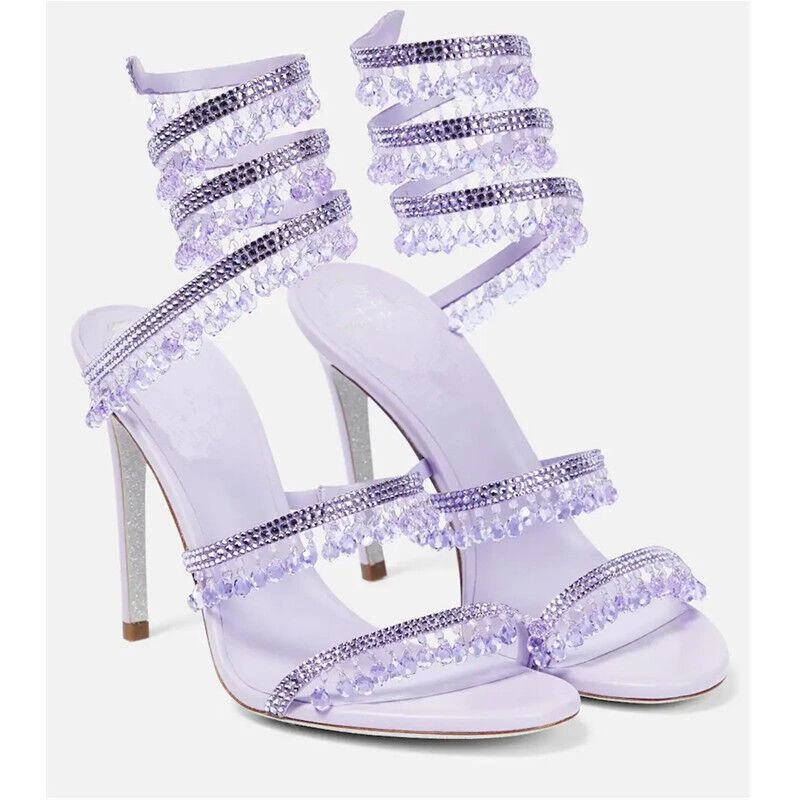 Women Glitter Crystal Rhinestone Tassels High Heel Stiletto Shoe Open Toe Sandal - Image 2 of 4