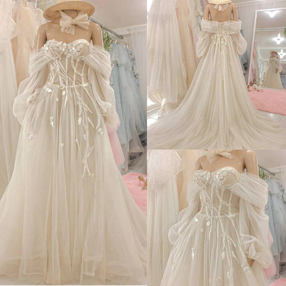 Off Shoulder Wedding Dresses Long Sleeves Sweetheart Applique A - Main Image