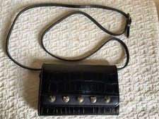VTG BRIGHTON Black Leather Croc Embossed Crossbody Wallet Organizer Hearts