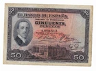SPAIN: 50 PESETAS ALFONSO X III (NO RESEAL). YEAR 1927. NO SERIES. BC+. IDEAL