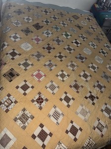 Antique C1890 Hand Stitched + Hand Quilted Nine 9 Patch Patchwork Quilt