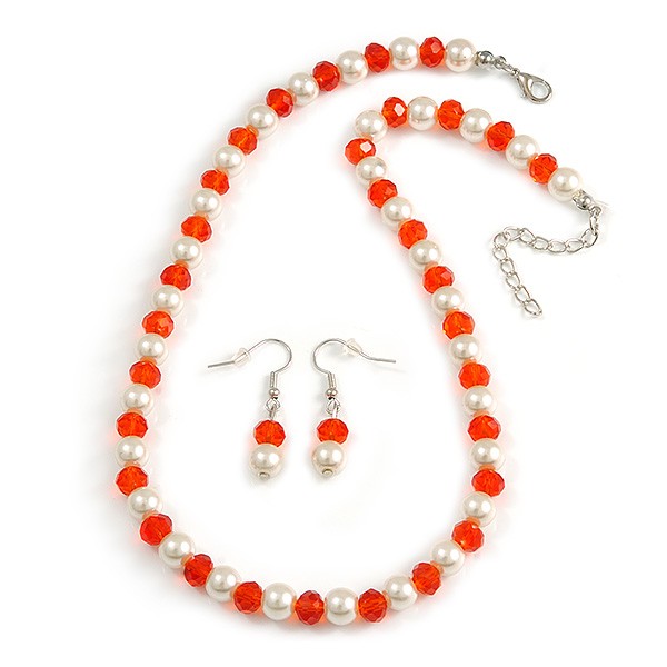 Amber Orange Glass Bead, White Glass Faux Pearl Neckalce & Drop Earrings Set