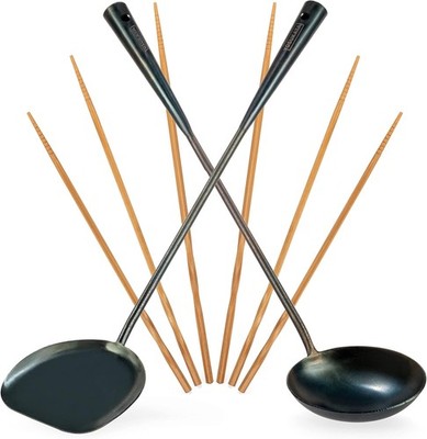 Pre-Seasoned Wok Utensils Set - Blue Carbon Steel 17-inch Wok Spatula, Wok