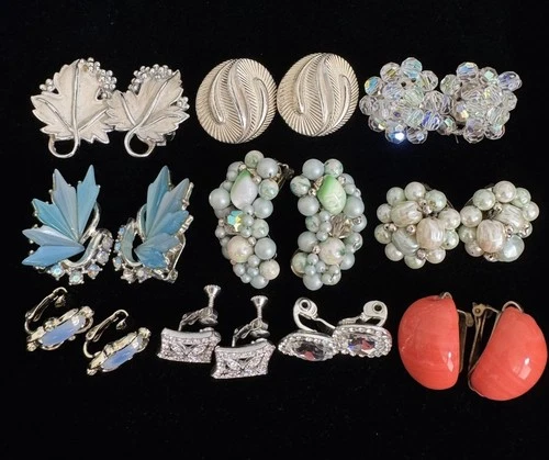 Vintage Lot of Signed Silver Tone Cluster Style Mixed Materials Clip-On Earrings