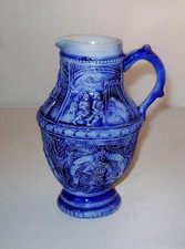 Good Antique Westerwald Blue & Grey Stoneware Jug: Knights & Kings: 16 cm high