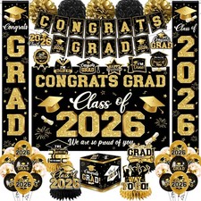 2026 Graduation Decorations - Black Gold Congrats Grad Party Supplies