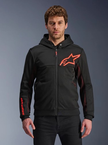 Alpinestars Chrome V2 Air Hoodie Motorbike/Motorcycle casual - Black Red Fluo - Picture 2 of 9