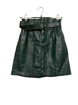 Zara Faux Leather Mini Skirt A-line Paperbag Size XS Dark Green Pleather Belted