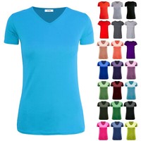 WOMENS LADIES CASUAL CAP SLEEVE PLAIN V NECK BASIC STRETCHY BAGGY JERSEY T SHIRT