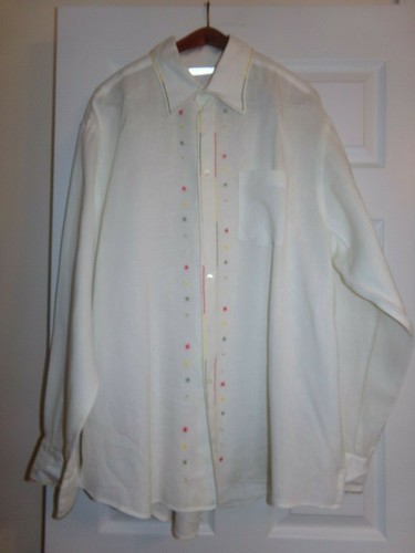 Martin Gordon White w/Multicolor Trim 100% Linen Front Pocket Long Sleeve Shirt - Picture 3 of 4