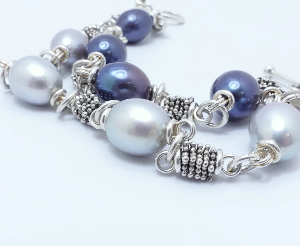 Michael Dawkins Sterling Silver Cultured Pearl Double Chain Toggle Bracelet 8" - Image 2 of 4