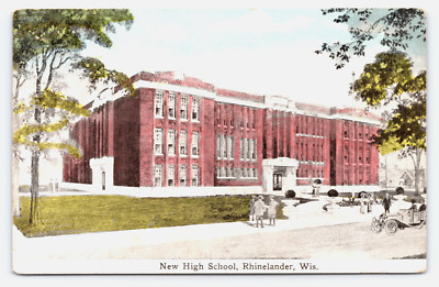 1916 New High School Rhinelander WI Postcard Education Old Cars Students