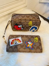 Coach Snoopy Peanuts Boxy Cosmetic Case long Wallet Sig Canvas Varsity Patch