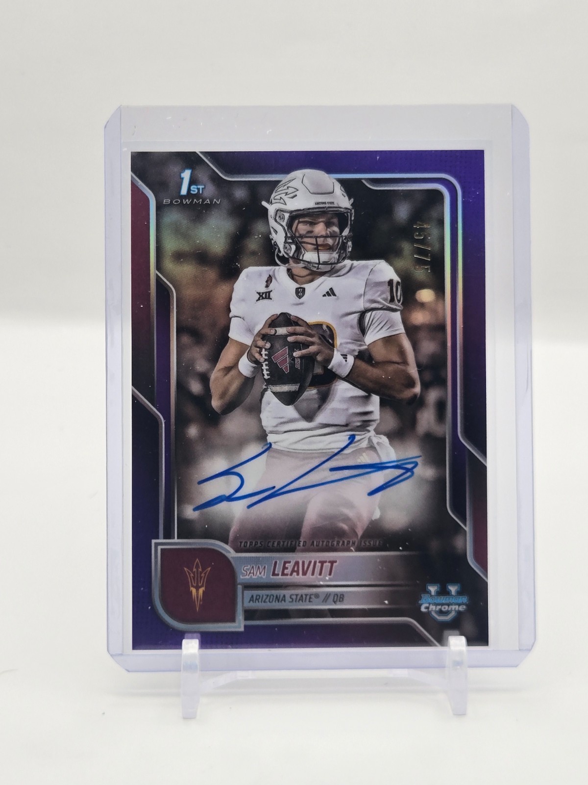 Sam Leavitt 2025 Bowman Chrome U Purple Refractor Autograph 45/75 #BCA-SL, ASU