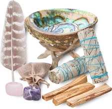 Home Cleansing & Smudging Kit with White Sage, Palo Santo, Abalone & Stand,... 