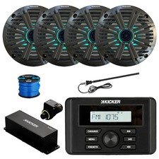 Kicker KMC3 Marine BT Radio, 4x 6.5" 195W LED Speaker, Grey Salt Grille, Extras