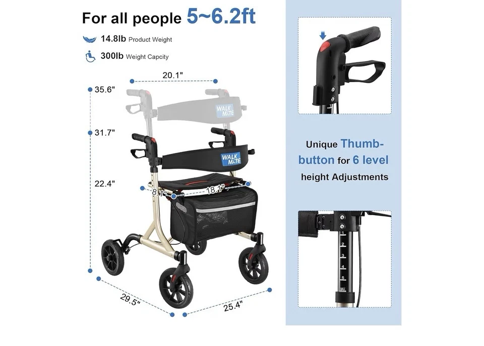 New Walk Mate Rollator Walker Padded Seat Backrest AllTerrain Compact Gold 300lb - Image 2 of 4