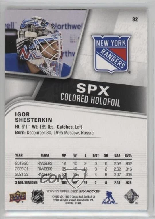 2022-23 SPx Colored Holofoil /149 Igor Shesterkin #32 - Image 2 of 2