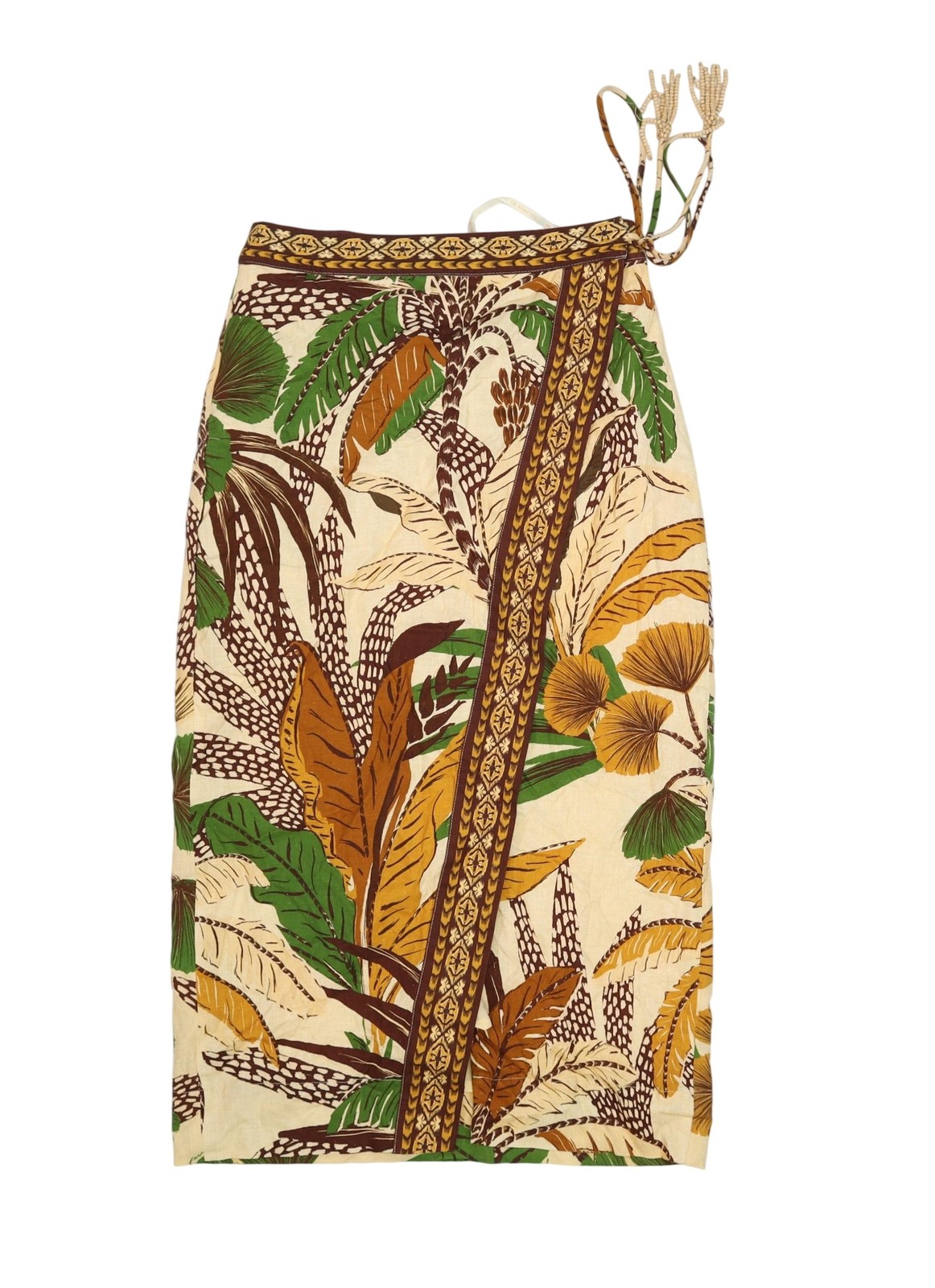 Farm Rio Skirt Womens XS Multicolor Foliage Sketch Sand Wrap Midi Beaded Tassel