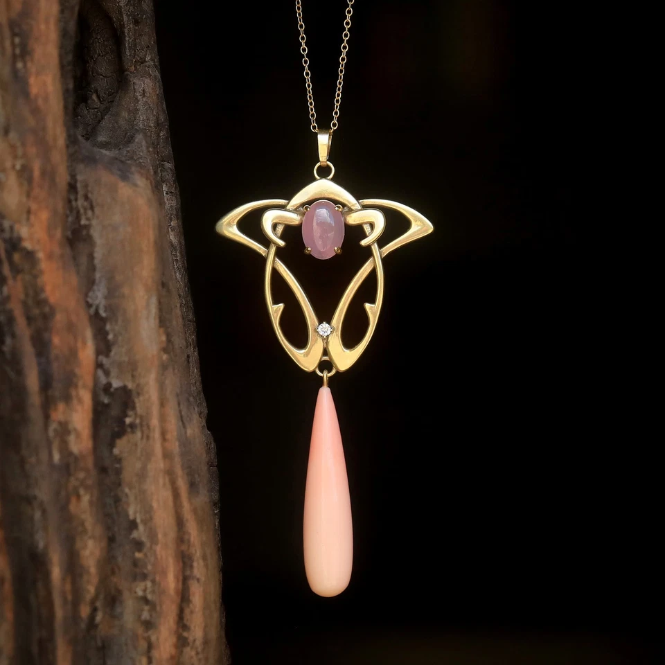 Maravilloso Collar Colgante Dorado Envejecido Gota Coral Ágata Rosa , Nuevo SB22 - Imagen 4 de 4