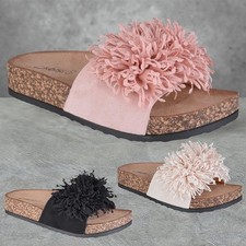WOMENS LADIES FLAT LOW WEDGE SLIP ON FRINGE POM POM SLIDERS MULES SANDALS SIZE
