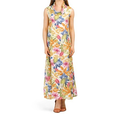 New! Francesca Bettini Women's Cowl Neck Tropical Print Linen Maxi Dress  Large