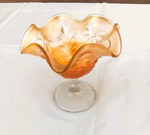 Northwood Marigold Carnival Glass Daisy & Plume Compote Candy Dish