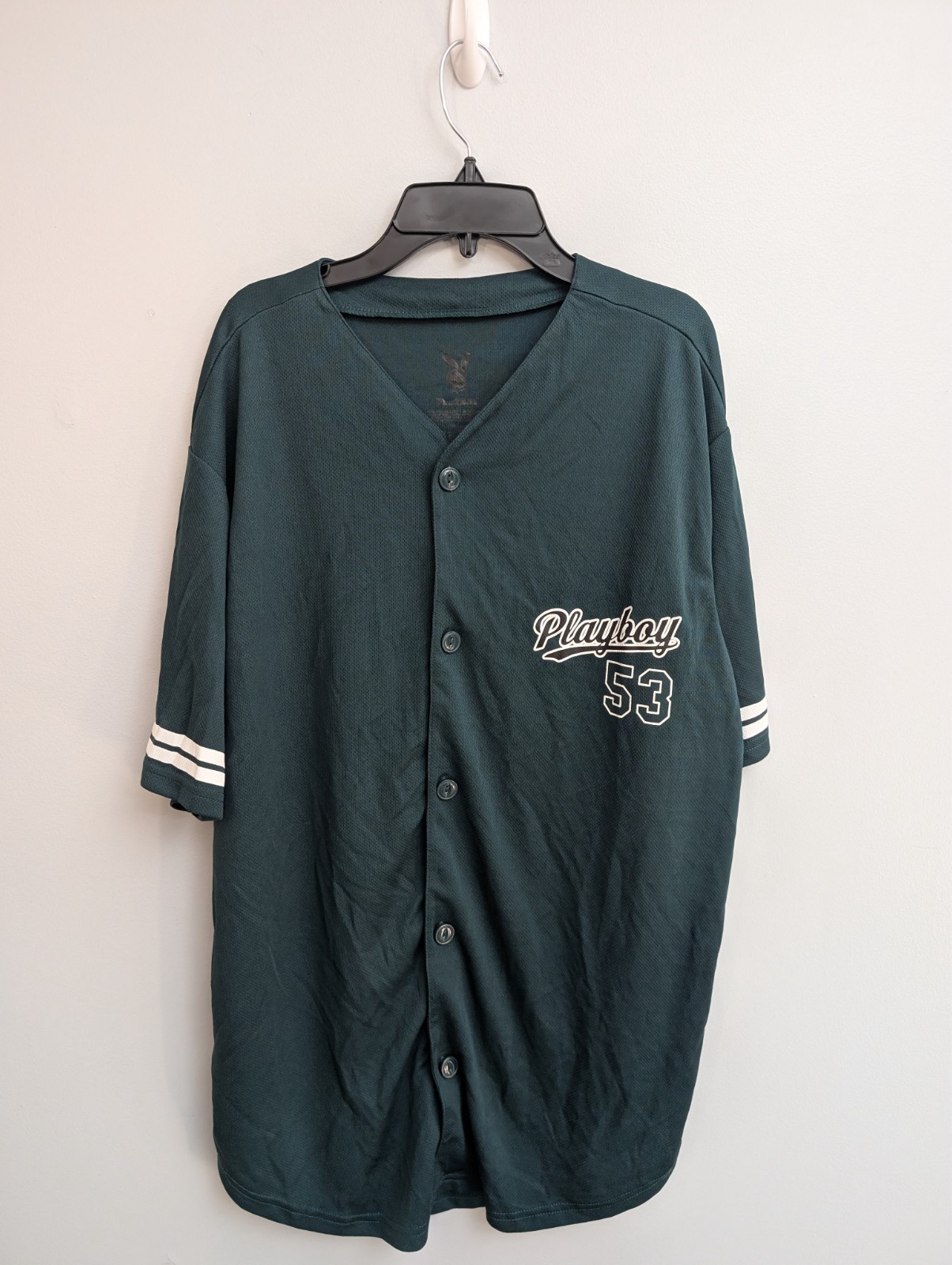 C5 Playboy Y2K Men's Green & White Button Up Baseball 53 Jersey  Size L