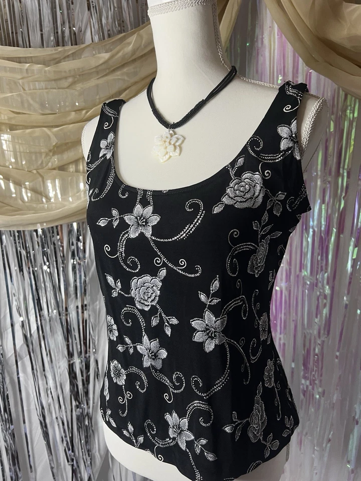 Xscape Black Glitter Floral Print Tank Top Dark Romance Fairy Whimsigoth 90s Y2K - image 3 of 4