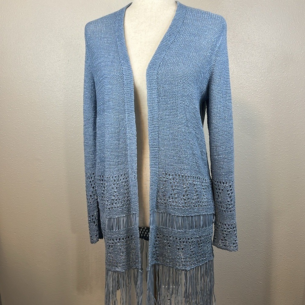 MICHAEL KORS Open Knit Crochet Long Cardigan Sweater XS Fringe Lightweight NEW